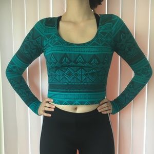 Green Patterned Long Sleeve Crop Top